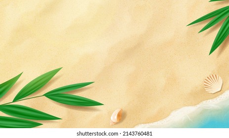 Summer bright banner template. Vector banner with beach sand, tropical plants, seashells and sea waves. Vector 3d ad illustration for promotion of summer goods.