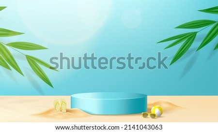 Summer bright banner template. Vector banner with 3d podium, tropical plants, sand, sunglasses, flip flops and inflatable ball. Vector 3d ad illustration for promotion of summer goods.