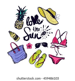 Summer bright beach elements. Sale card with pineapple, love the sun logo, spf sunscreen spray, blue beach bag, lady straw hat, bikini swimsuit, pink tropic flower, aviator sunglasses, flip-flop