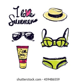 Summer bright beach elements. Sale card with I love summer lettering, sun tanning lotion, trendy straw hat, trendy bikini swimsuit, black sunglasses. Hand draw vector illustration