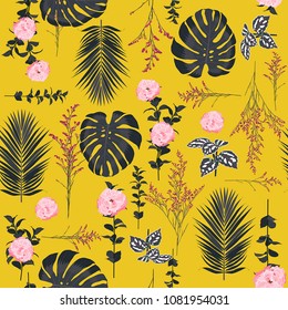 Summer bright  Beautiful botanical decoration flowers seamless pattern vector for fashion fabric ,wallpaper and all prints on yellow background.