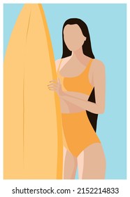 Summer bright card with a surfer girl