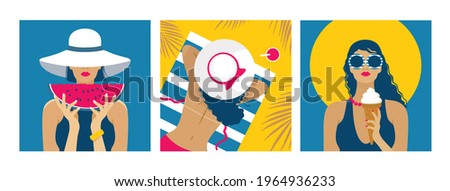 Summer bright cards set: a girl in a hat on vacation at the sea. Vector, isolated.