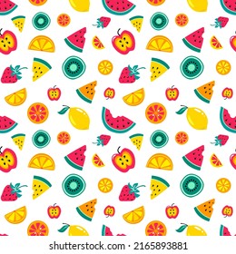Summer bright color seamless pattern with tropical fruits. Pattern of watermelons, lemons, oranges, kiwi, apples.