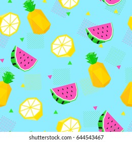 Summer Bright Color Seamless Pattern With Watermelon, Lemon And Pineapple.