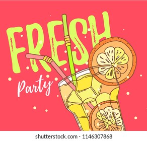 Summer bright cool poster with close up juicy cocktail and text. Vector illustration of tasty beverage with orange, straw, frozen ice cube on red background