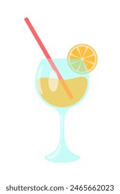 Bebida brillante de verano con naranja. Cóctel en un vaso con un vástago alto. El vaso está medio lleno y la paja es roja. Ilustración plana de Vector sobre fondo blanco