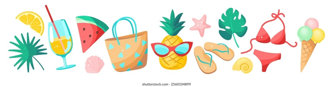 Summer Bright elements collection. Hello Summer, Beach Party. Summer holiday, Tropical vacation. Vector isolated on white background