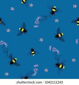 Summer bright Embroidery honey bee with flowers. Fashion patch with insects illustration. Seamless pattern on fresh blue vector background.
