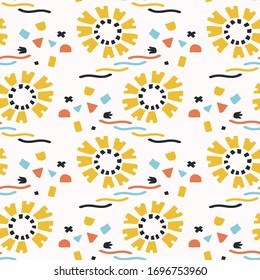 Summer bright floral blooms seamless vector background pattern. Stylized paper cut sunflower doodle texture. Kawaii matisse style decor swatch. Decorative bright japanese stationery all over print
