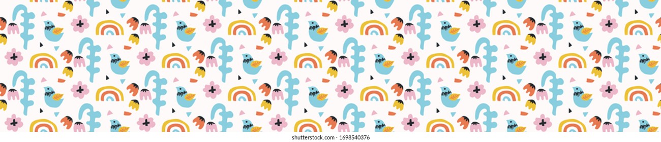 Summer bright floral blooms seamless vector border pattern. Stylized paper cut out flower doodle ribbon trim banner. Kawaii folk art scandi decor background. Decorative bright japanese washi tape.