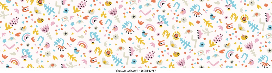 Summer bright floral blooms seamless vector border pattern. Stylized paper cut out flower doodle ribbon trim banner. Kawaii folk art scandi decor background. Decorative bright japanese washi tape.