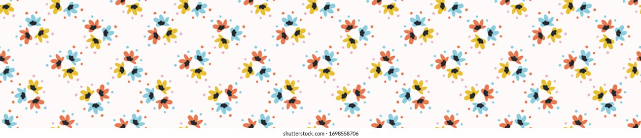 Summer bright floral blooms seamless vector border pattern. Stylized paper cut out flower doodle ribbon trim banner. Kawaii folk art scandi decor background. Decorative bright japanese washi tape.