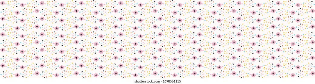 Summer bright floral blooms seamless vector border pattern. Stylized paper cut out flower doodle ribbon trim banner. Kawaii folk art scandi decor background. Decorative bright japanese washi tape.