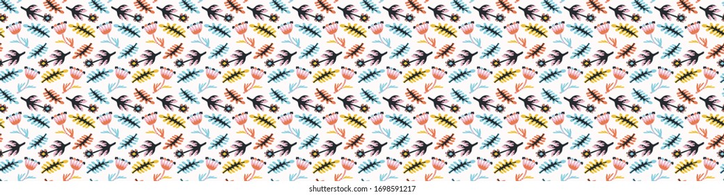 Summer bright floral blooms seamless vector border pattern. Stylized paper cut out flower doodle ribbon trim banner. Kawaii folk art scandi decor background. Decorative bright japanese washi tape.