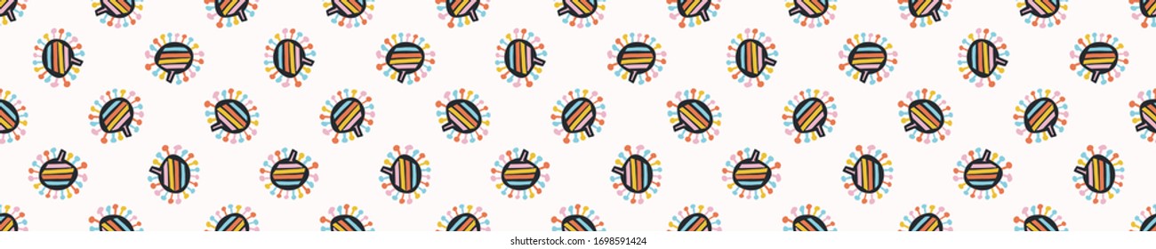 Summer bright floral blooms seamless vector border pattern. Stylized paper cut out flower doodle ribbon trim banner. Kawaii folk art scandi decor background. Decorative bright japanese washi tape.