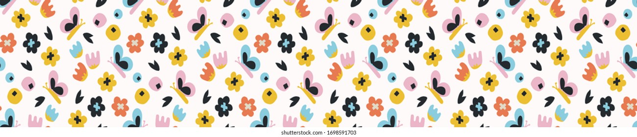 Summer bright floral blooms seamless vector border pattern. Stylized paper cut out flower doodle ribbon trim banner. Kawaii folk art scandi decor background. Decorative bright japanese washi tape.