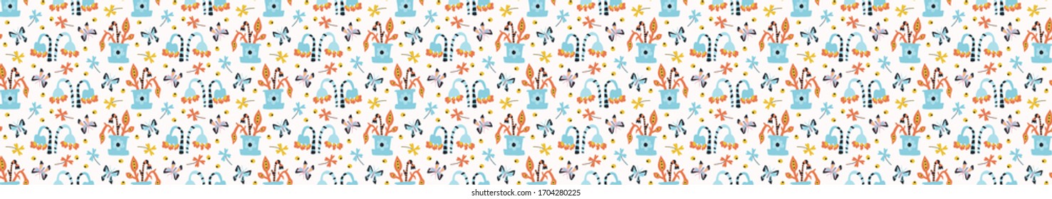 
Summer bright floral blooms seamless vector border pattern. Stylized paper cut out flower doodle ribbon trim banner. Kawaii folk art scandi decor background. Decorative bright japanese washi tape.