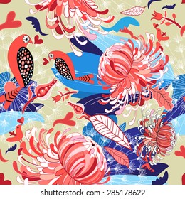Summer bright floral pattern with birds in love