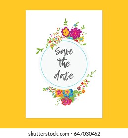  Summer bright flowers around the text. Save the date text calligraphy vector 