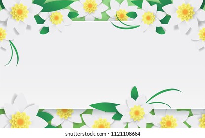 Summer bright frame with empty space for your text. White frame with blooming  spring flowers (daffodils, lilies). In sunny summer yellow, green colors. Vector design for invitations, wedding cards.