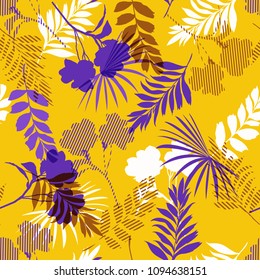 Summer bright and fresh silhouette tropical foliage and fill in stripe leaves in colorful mood  seamless pattern in vector for fashion fabric and all prints on stylish yellow
