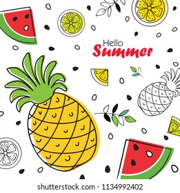 Summer bright fruit background with pineapple, slices of orange and watermelon