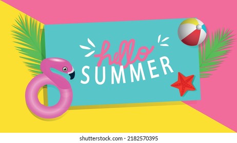 Summer bright greeting banner. Illustration of tropical leaves, flamingo float and colorful ball.