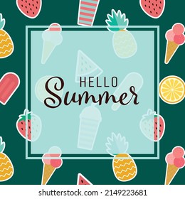 Summer bright greeting banner. Sweet symbols of the hot season - ice cream, watermelon, strawberry, and tropical leaves on two colors geometric background. Vector Illustration template.