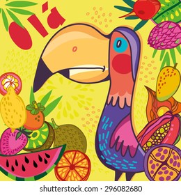 Summer bright illustration of funny toucan and tropical fruits.