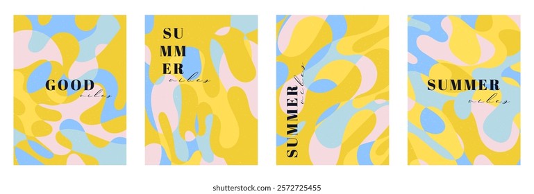 Summer bright illustrations set for poster, card, cover, label, banner in modern minimalist style with overlay effect. Modern and simple summer design templates. Vector stock graphic