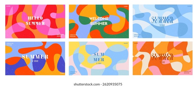 Summer bright illustrations set for poster, card, cover, label, banner in modern minimalist style with overlay effect. Modern and simple summer design templates. Vector stock graphic