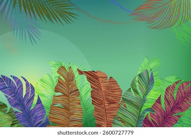 Summer bright, juicy, fresh design  tropical wallpaper. Sprawling lush unusual banana leaves leaves set against a vibrant background. Jungalow Style.