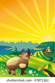 summer bright landscape countryside with cows