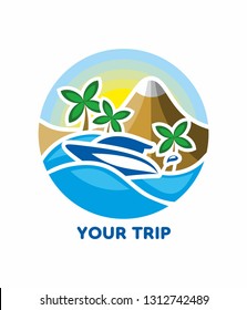 Summer bright logo. Vector icon with palm trees, ocean, mountains and boat.