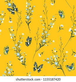 Summer bright Meadow flowers blowing in the wind with butterflies soft and gentle seamless pattern on vector design for fashion,fabric,wallpaper and all prints on vivid  yellow background.