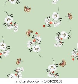 Summer bright Meadow flowers  with butterflies soft and gentle seamless pattern on vector design for fashion,fabric,wallpaper and all prints on light vintage green mint background