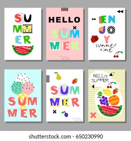 Summer  bright memphis style cards set. Design with geometric elements food on decorative colorful frame vector illustration 