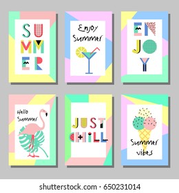 Summer  bright memphis style cards set. Design with geometric elements food on decorative colorful frame vector illustration 