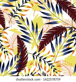 Summer bright original seamless pattern with tropical leaves and plants on white background. Vector design. Jung print. Floral background. Printing and textiles.