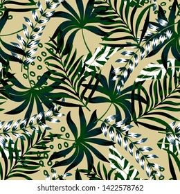 Summer bright original seamless pattern with tropical leaves and plants on beige background. Vector design. Jung print. Floral background. Printing and textiles.