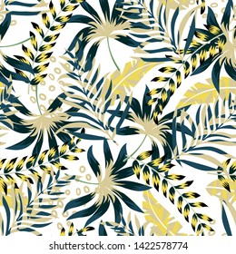 Summer bright original seamless pattern with tropical leaves and plants on a light background. Vector design. Jung print. Floral background. Printing and textiles.