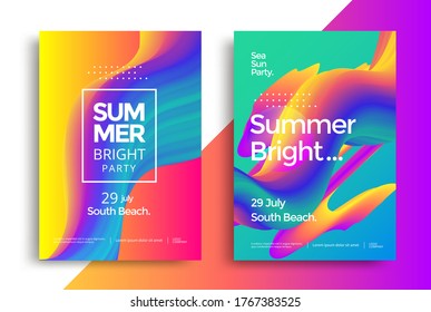 Summer bright party poster. Abstract gradients waves music background. Liquid colorful flow cover. Vector illustration