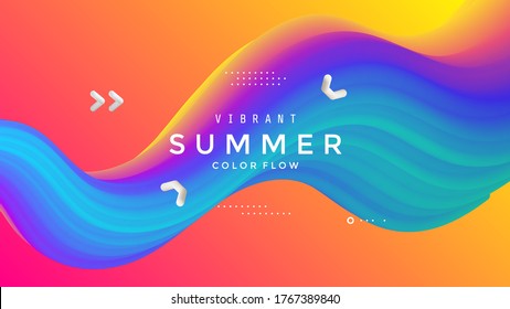 Afiche de la fiesta de verano brillante. Gradientes abstractos ondean el fondo de la música. Cubierta de flujo colorido líquido. Ilustración del vector