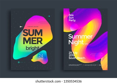 Summer bright party poster wiht colorful liquid form. Club night flyer. Abstract gradients fluid shapes backgrounds for cover, brochure.