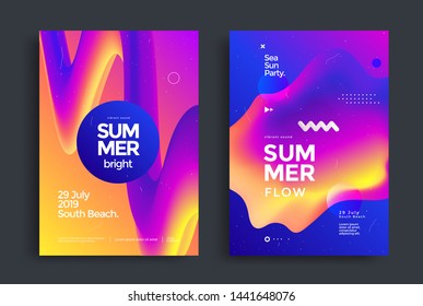Summer bright party poster wiht colorful liquid form. Club night flyer. Abstract gradients fluid shapes backgrounds for cover, brochure.