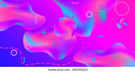 Summer bright party poster wiht colorful liquid form. Bright smooth mesh is blurred by a futuristic pattern in pink, blue, green, yellow, purple tones. Trendy creative vector cosmic gradient. 