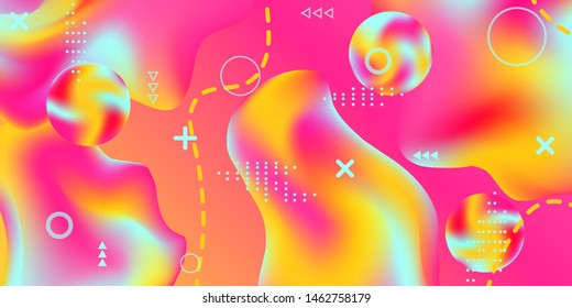 Summer bright party poster wiht colorful liquid form. Bright smooth mesh is blurred by a futuristic pattern in pink, blue, green, yellow, purple tones. Gradients waves music background.