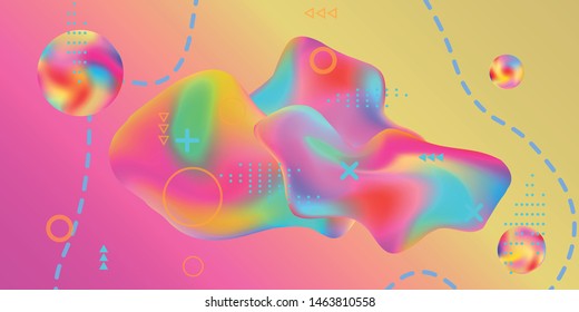 Summer bright party poster wiht colorful liquid form. Bright smooth mesh is blurred by a futuristic pattern in pink, blue, green, yellow, purple tones. Gradients waves music background.