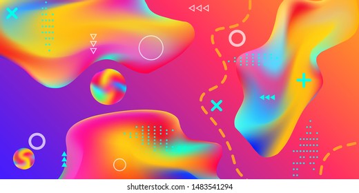 Summer bright party poster wiht colorful liquid form. Bright smooth mesh is blurred by a futuristic pattern in pink, blue, green, yellow, purple tones. Gradients waves music background.